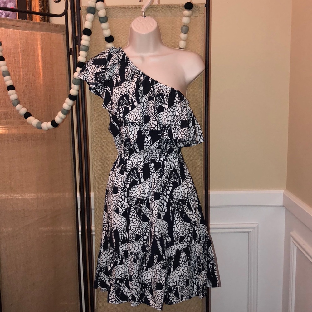 Crown & Ivy Ruffle One Shoulder Giraffe Dress XS